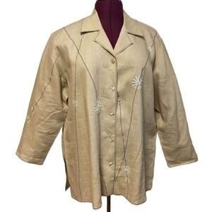 David Dart Linen Embroidered Button Down Shirt Long Sleeve Top Beige 1X‎